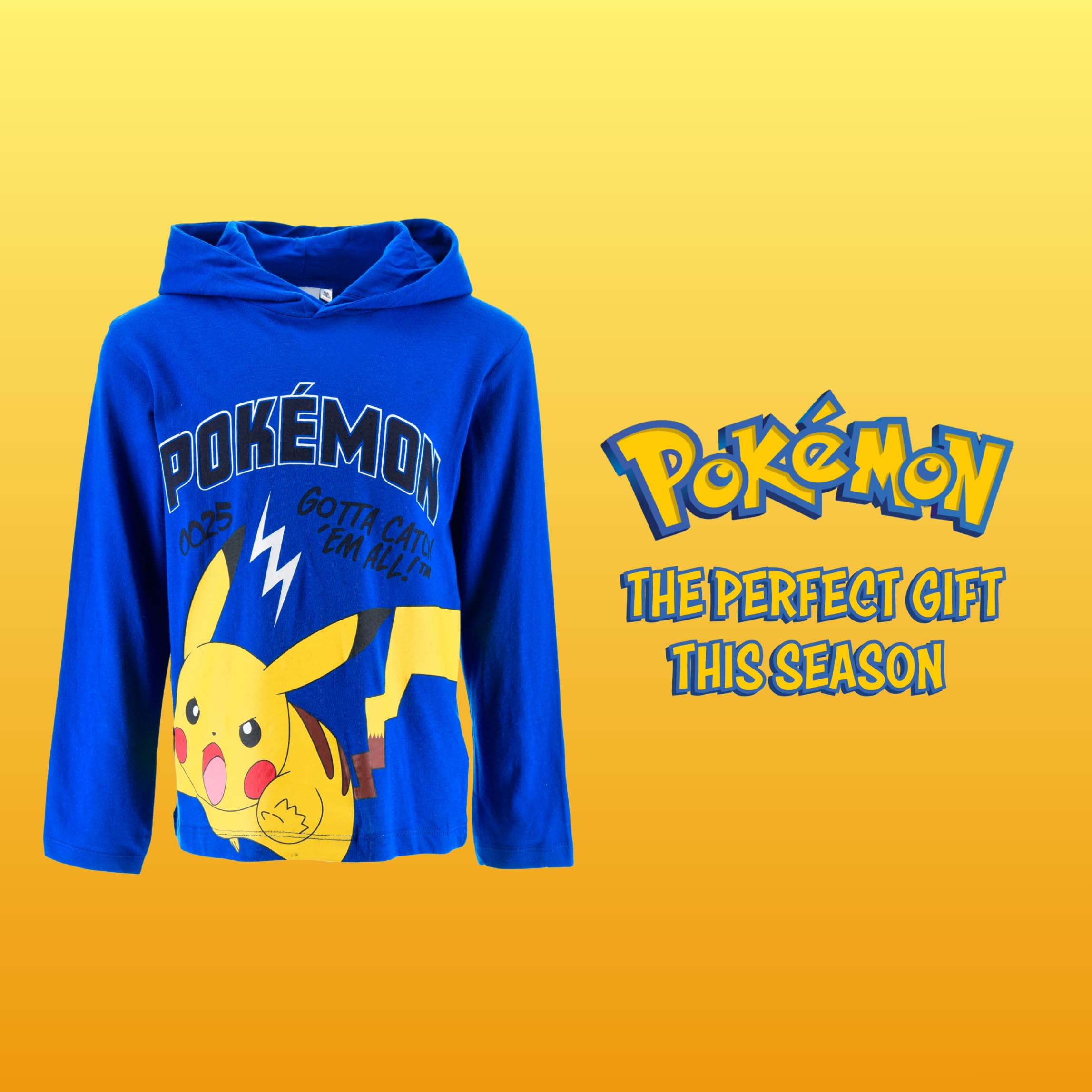 Pokemon Jungen T-Shirt Langarm Kapuzen Weiches Textil, Geschenk für Kinder, Größen 4 bis 12 Jahre
