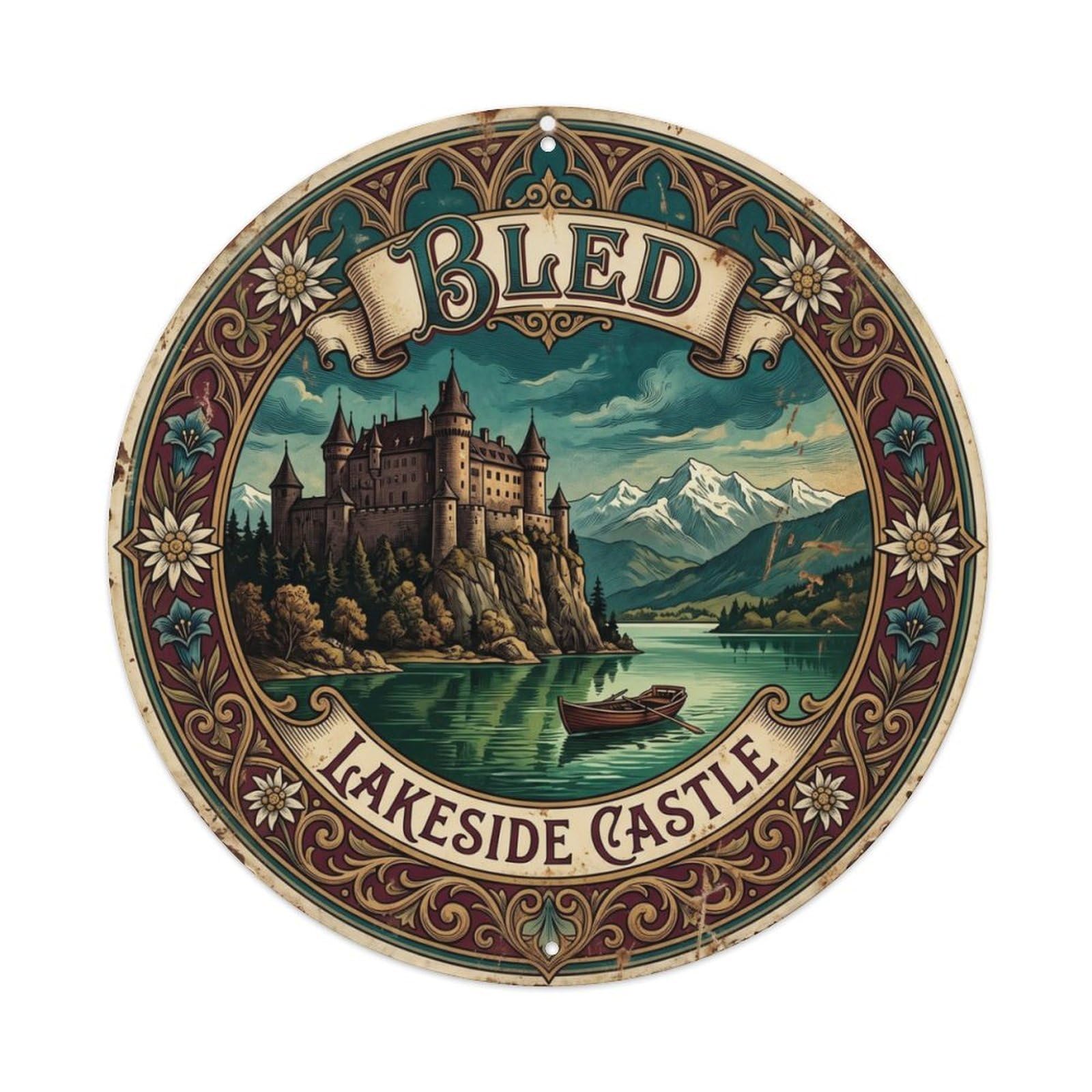 Vintage Travel Bled Slovenia Castle Metal Tin Sign Plaque Wall Decor for Cafe, Club, Garden Round Metal Poster 8x8Inch
