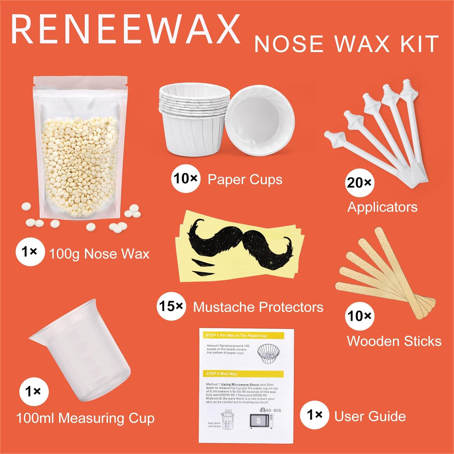 RENEEWAX Nose Wax Kit, 3.5 oz Nose Hair Wax, Nose Hair Removal Wax Kit with 20 wax sticks, Nose Ear Hair Waxing Kit