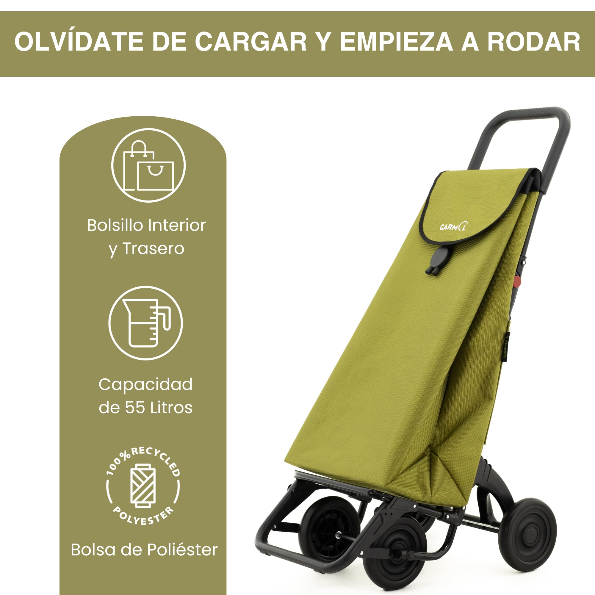 GARMOL Carro de la Compra Plegable 55 litros | Carro de la Compra 4 Ruedas Gran Capacidad Abatible | Carrito Compra Plegable Color Verde Aguacate