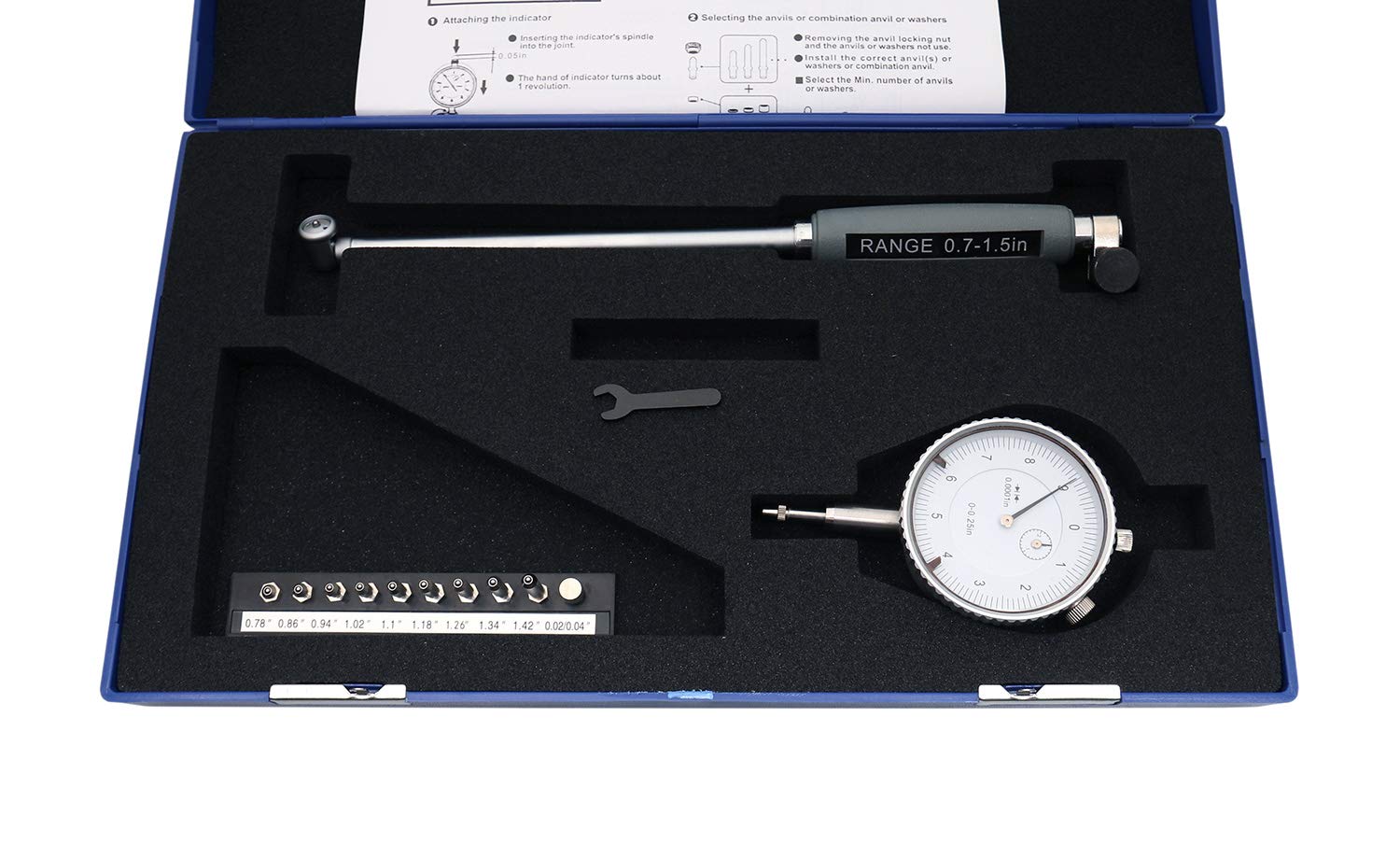 Accusize Industrial Tools 0.7-1.5'' by 0.0001'' Dial Bore Gage, Stem Length 6'', Ee20-1015