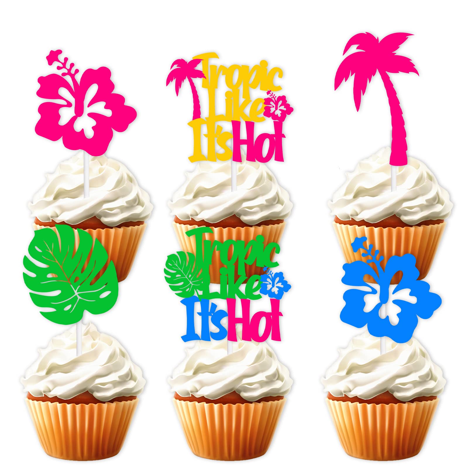 18pcs Glitter Dessert Cupcake Topper Tropical Like It’s Hot Hawaii Aloha Luau Tropical Summer Theme Decorations Men Women Boys Girls Happy Birthday Party Decor Supplies