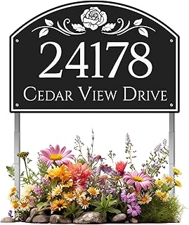 House Address Sign Arch Metal Address Plaque for Outside Custom Street Name Address Sign House Number, with 20 inch Lawn Stake, Reflective Option, Multiple Color (02)