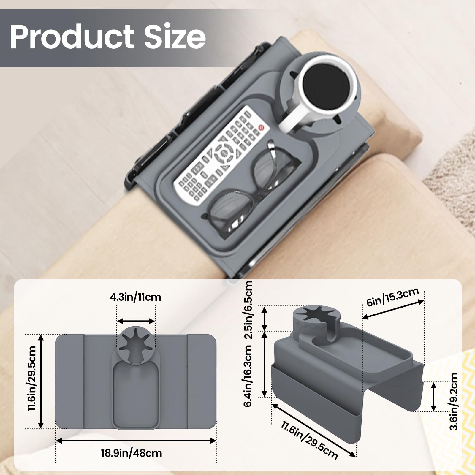 PANZIYU Couch Cup Holder Tray, Silicone Sofa Armrest organizer with Assesory Side Pockets for storage Remotes, Cell-phone,Tablet or Snack, Anti-Spill and Anti-Slip Couch Drink Holder Caddy(Gray)