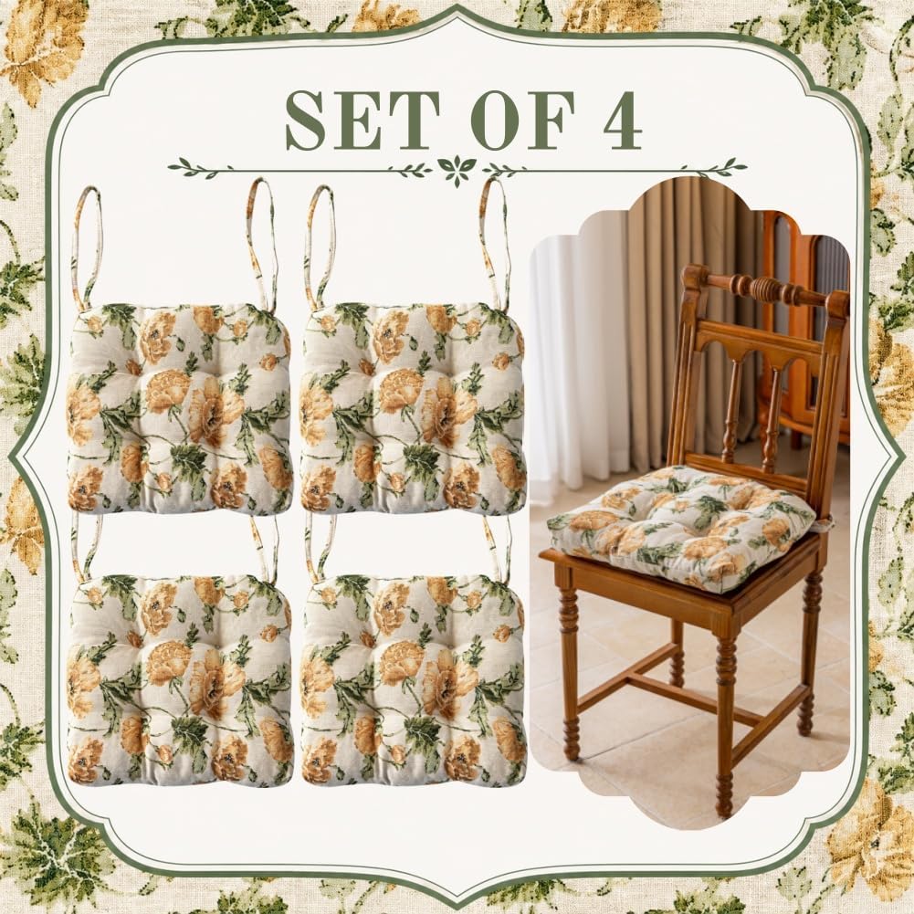 4 Pack Farmhouse Flower Chair Cushions for Kitchen Chairs with Ties U-Shaped Soft Comfortable Floral Seat Pads for Home Office Living Room Kitchen Dining Outdoor Indoor，A：4