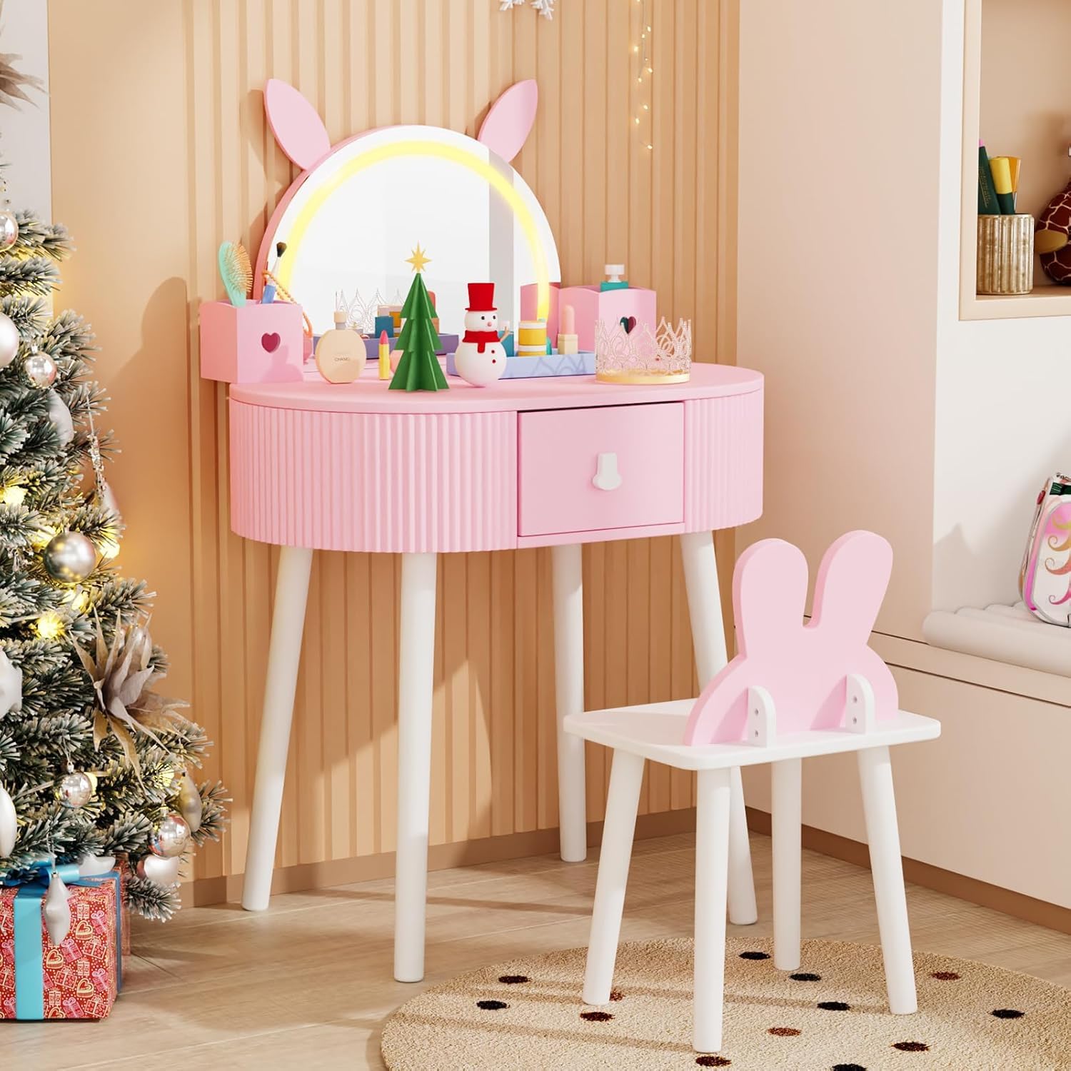 JOYMOR Kids Vanity with Lights, Girls Vanity Set w/Touch Screen 3 Colors Adjustment, Solid Wood Leg, 1 Drawer, 2 Storage Boxes, Kids Vanity Table and Chair Set (Pink)