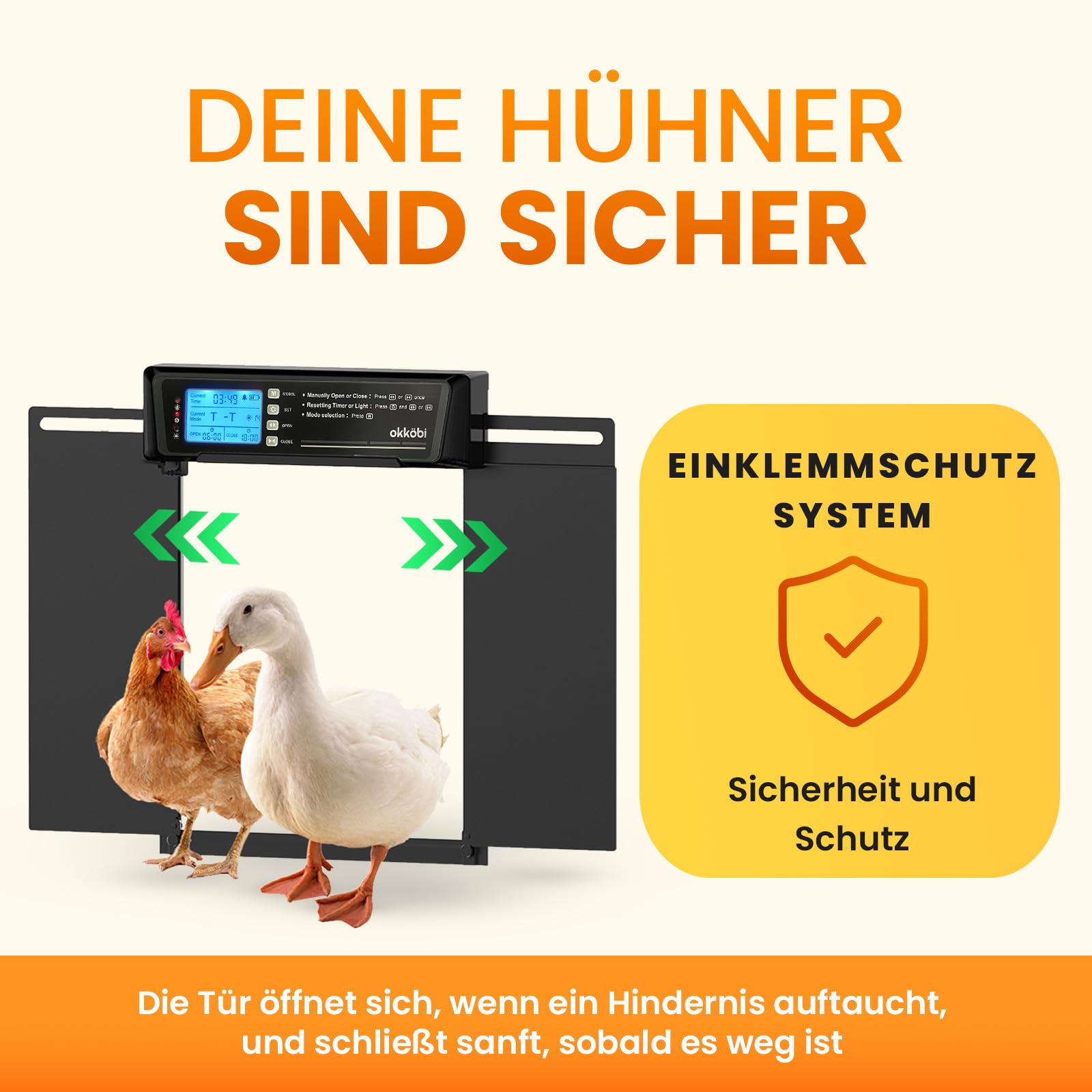 Okkobi Automatische Hühnerklappe Extra Large Solar – LCD Display, Fernbedienung, Lichtsensor, Timer & Einklemmschutz – Öffnung 28,7 x 22,1 cm – 5 Jahre Schutz – Schwarz