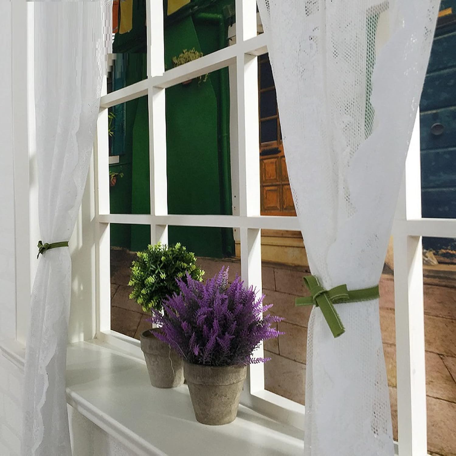 Short Curtain 2 Pieces Transparent White Voile Floral Lace Net Curtain with Bows Window Treatment Valance Panel Drapes Half Curtain for Kitchen Café Bedroom Cabinet Curtain Door Curtain