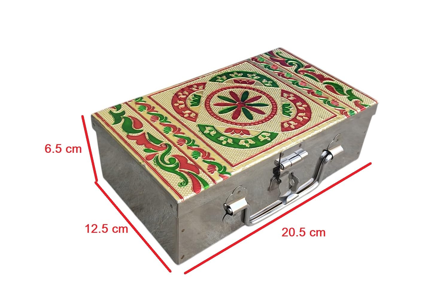 GinoSet® Stainless Steel Storage Box, Cash Box, Pooja Peti, Organizer, Vanity Storage Box, Jewellery Safe Bank Locker, Cash Box With Handicrafts Digital Meena Kari Design (Silver, 8 Inch) 2