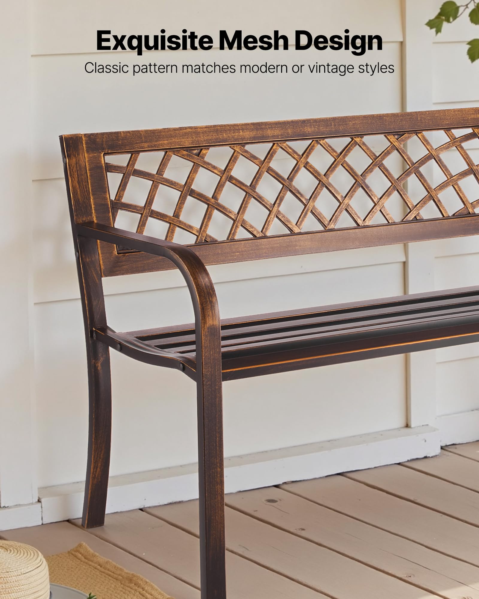 VEVOR Banco de Jardín de Metal 116 cm con Estructura de Acero al Carbono, Respaldo de Malla de PVC, Reposabrazos, Banco para Exterior, Ideal para Patio, Jardín, Parque, Porche, Color Bronce Antiguo