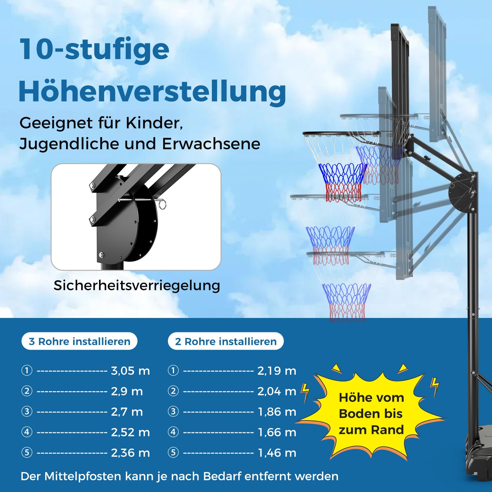 GOPLUS Basketballkorb Outdoor, Korbhöhe 149-305cm verstellbar, Basketball Korb mit Rückwand, Basketball Ständer tragbar mit Rollen, Basketball Hoop für Kinder Jugendliche Erwachsene