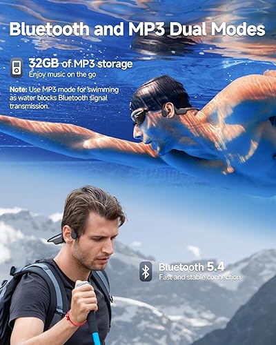 Miniatura 3 de PSIER Auriculares de conducción ósea IPX8 impermeables para natación, auriculares abiertos con modo MP3, memoria de 32 GB, hasta 8 horas de