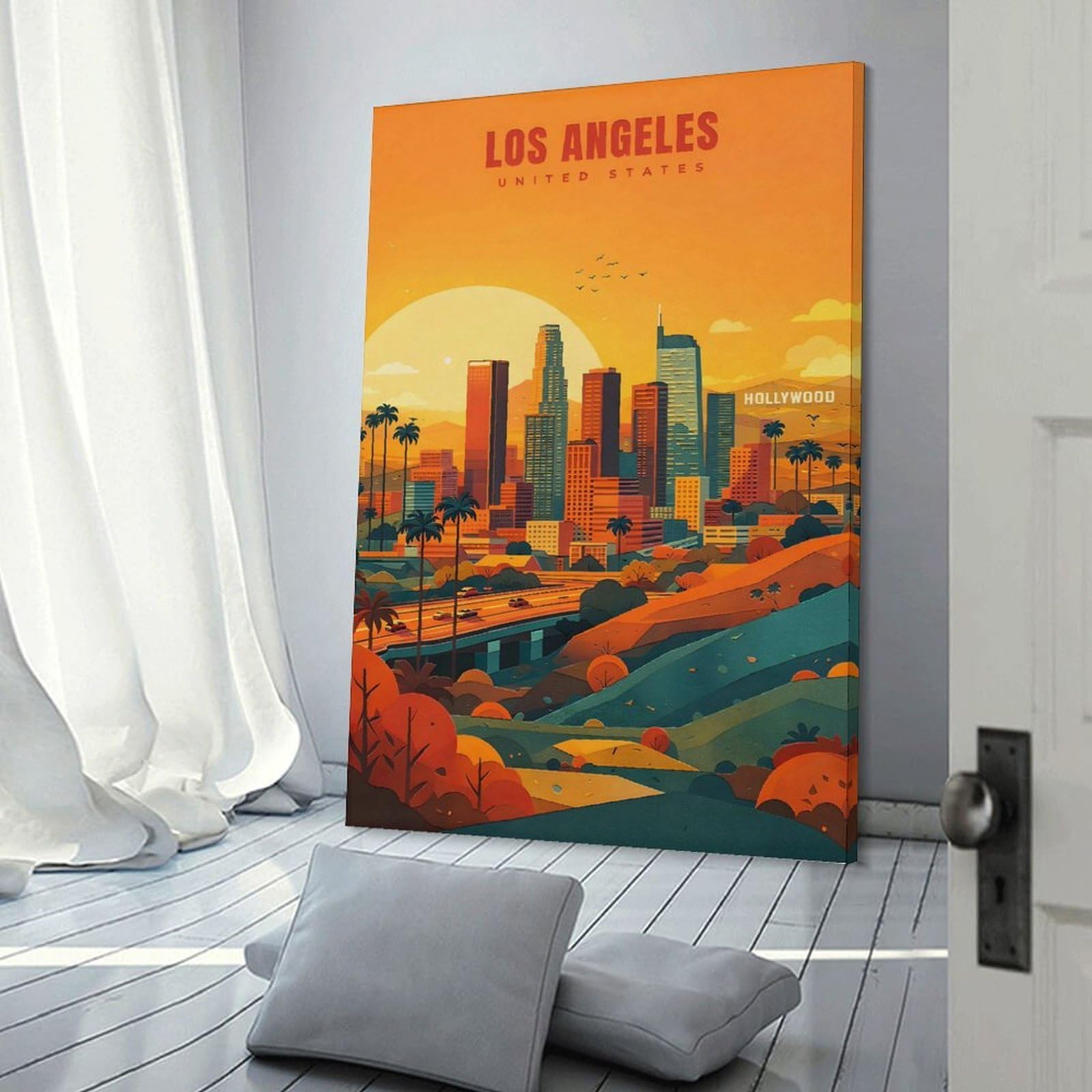 Junmoney Los Angeles Skyline at Sunset Decorative Wall Artwork 16x24inch(40x60cm), for Living Room, Bedroom, Office Or Hallway, Decorative Artwork with Broad Appeal