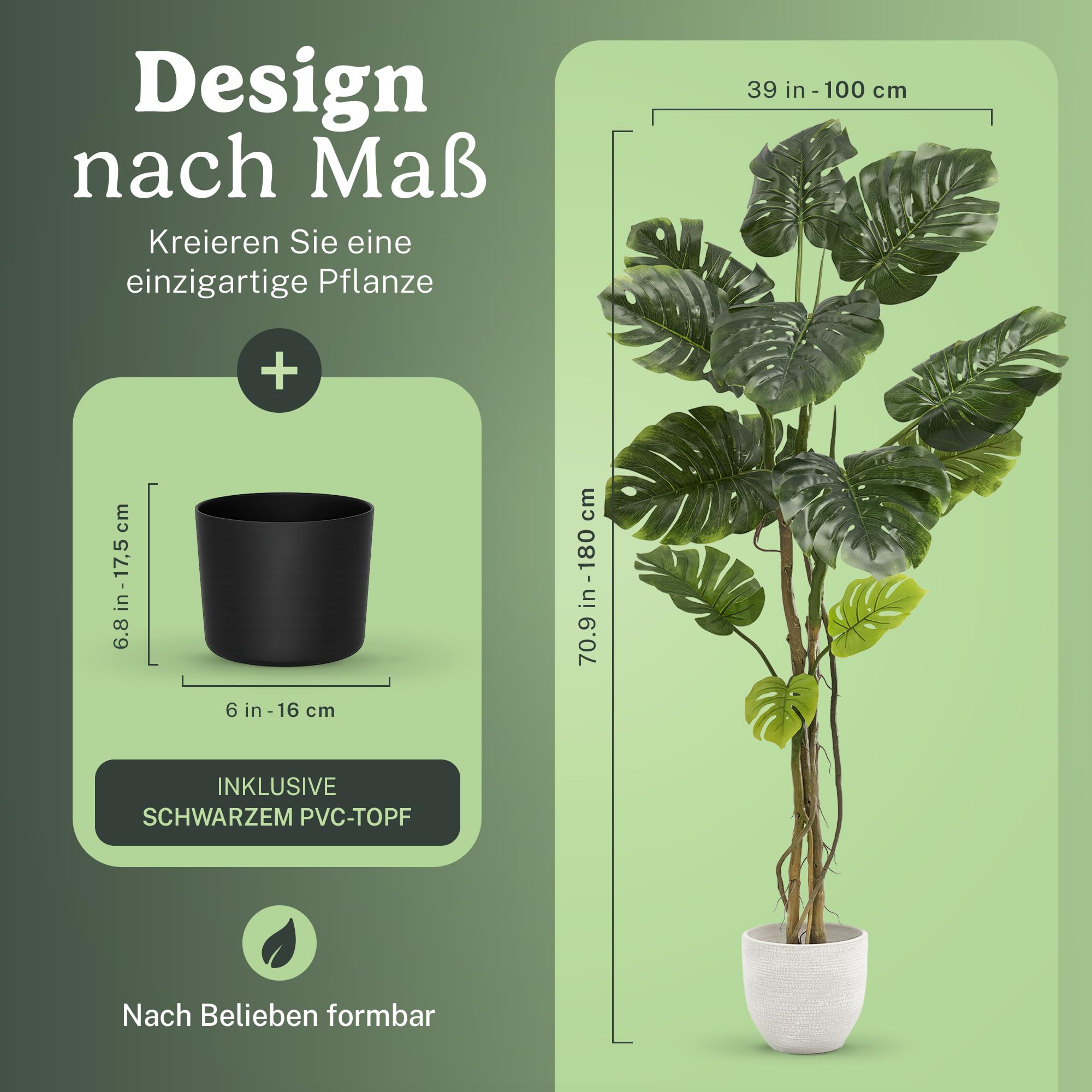 Maia Shop Monstera Künstlich 180 cm - Kunstpflanze wie Echt | Große Kunstpflanze mit Realistischen Blättern für Wohnzimmer Flur und Büro - Schwarzer Topf Inklusive