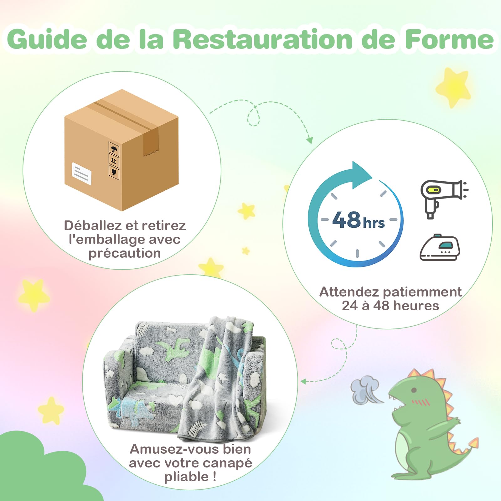 DREAMADE Canapé Enfants Brille dans Le Noir,2 en 1 Canapé Convertible Tout-Petits avec Couverture,Housse Amovible&Lavable en Machine,Fauteuil Pliable pour Garçons Filles 3+Ans (Gris+Dinosaure)
