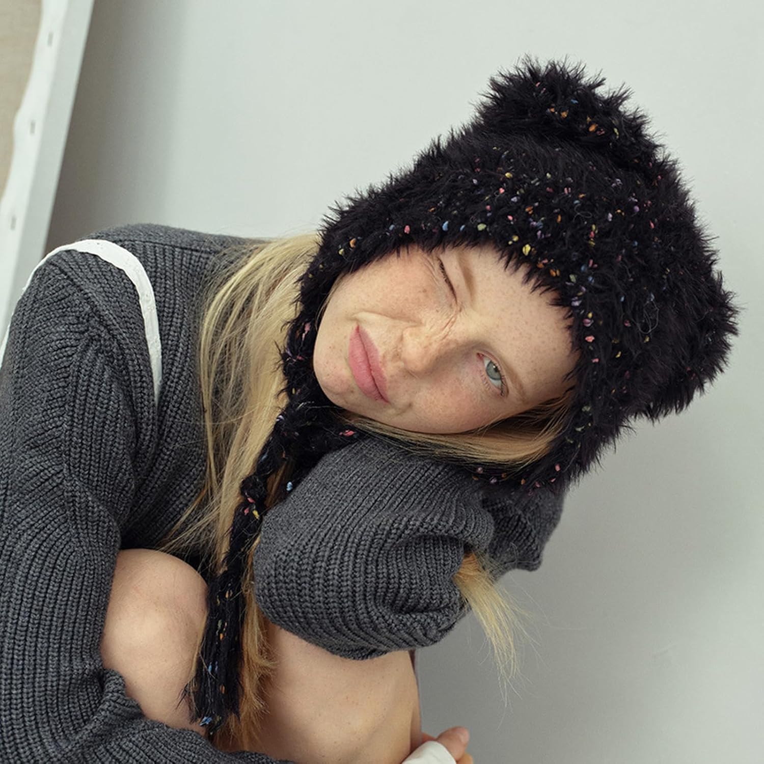 Winter Hat Cute Cat Ear Shape y2k Style Furry Knit Earflap Hat with Long Ear Straps Peruvian Cover Ear Beanie Hat - Image 3