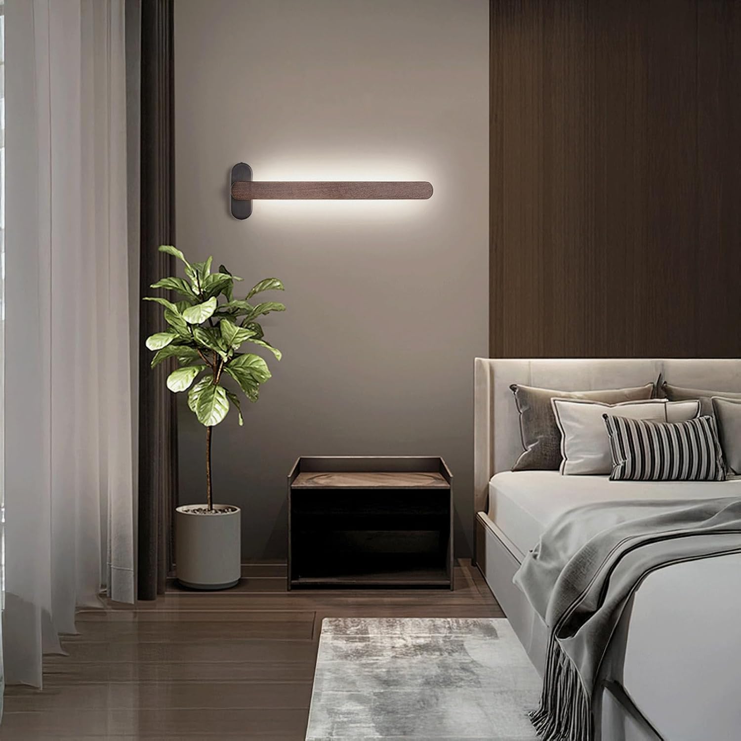 Modern Minimalist Wall Sconce Solid Wood Linear LED Light Fixture Hardwired Wall Lamp for Bedroom Living Room Entryway Art Decor Nordic Natural Ambient Lighting with 3-Color Dimmable(Small)