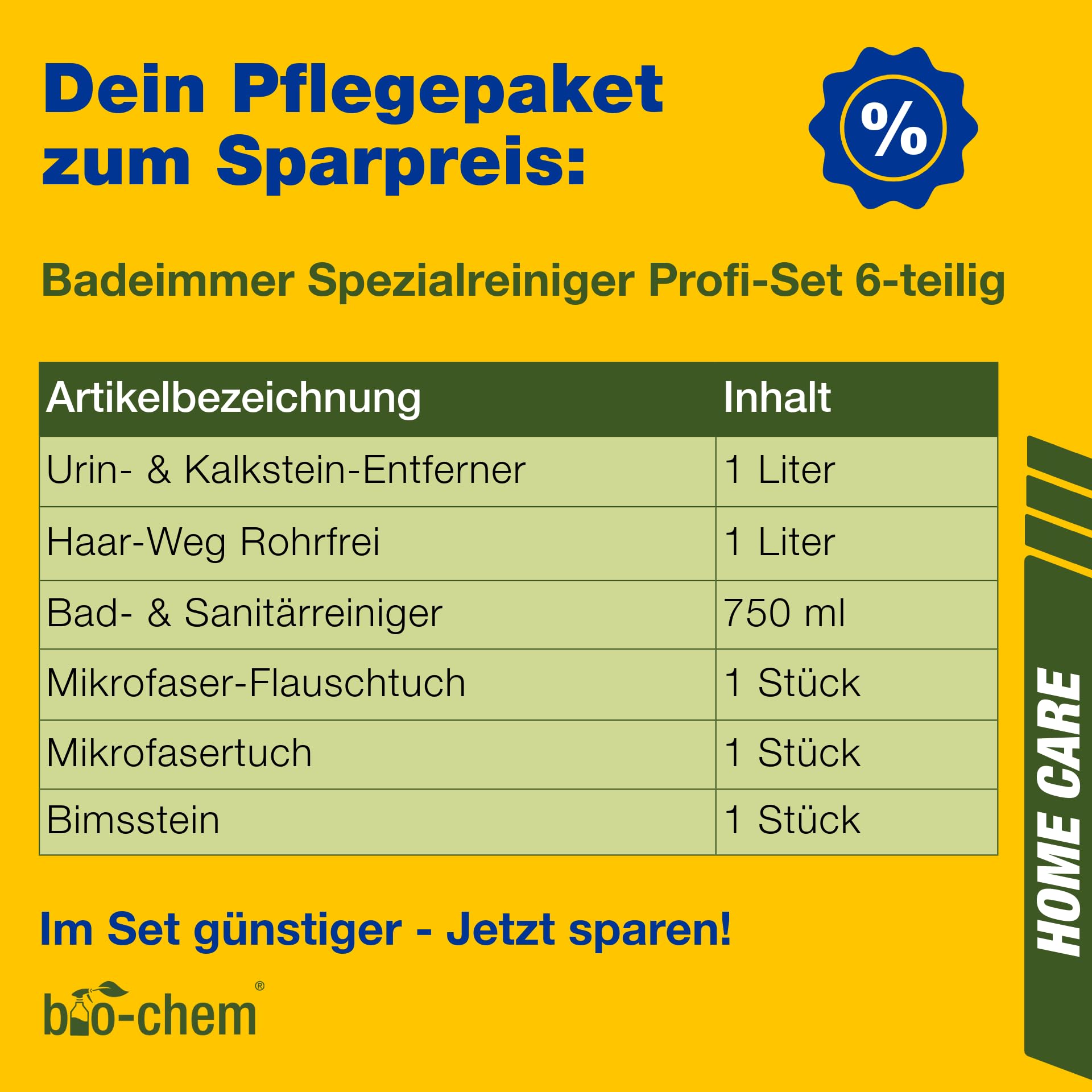 bio-chem Badreiniger Set 6-teilig für Bad, Dusche & WC | Mit Haar-Weg, Urinsteinentferner, Sanitärreiniger, Bimsstein und Tüchern | Abflussreiniger, Kalksteinreiniger, Badreiniger