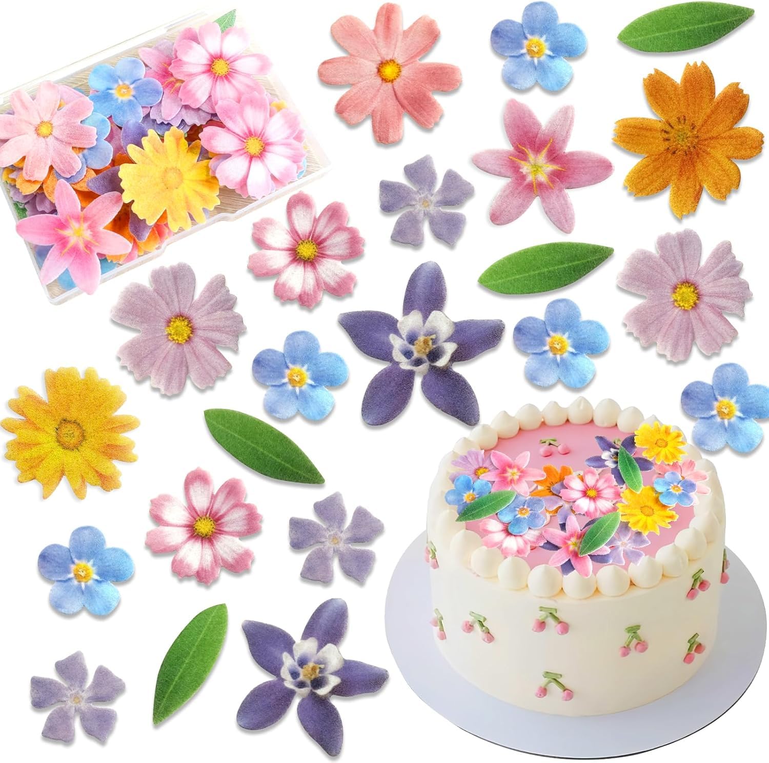 Morofme 60pcs Essbare Blumen für Torte, Essbare Blumen Blätter Kuchen Dekor, Esspapier Gänseblümchen Cupcake Topper für Hochzeit, Geburtstag, Jubiläum, Thema Kuchendekoration