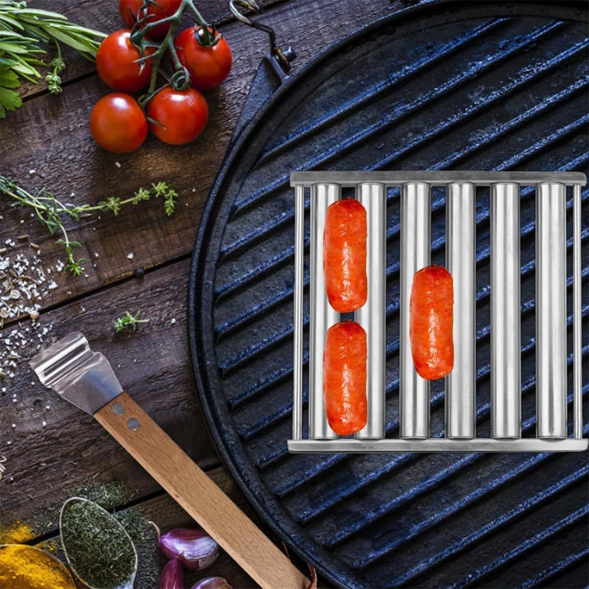 Namvo Parrilla para Perros Calientes, Parrilla con Rodillos para Barbacoa para Salchichas de Acero Inoxidable con Mango de Madera Extra Largo, Parrilla para Perros Calientes para Perros Calientes