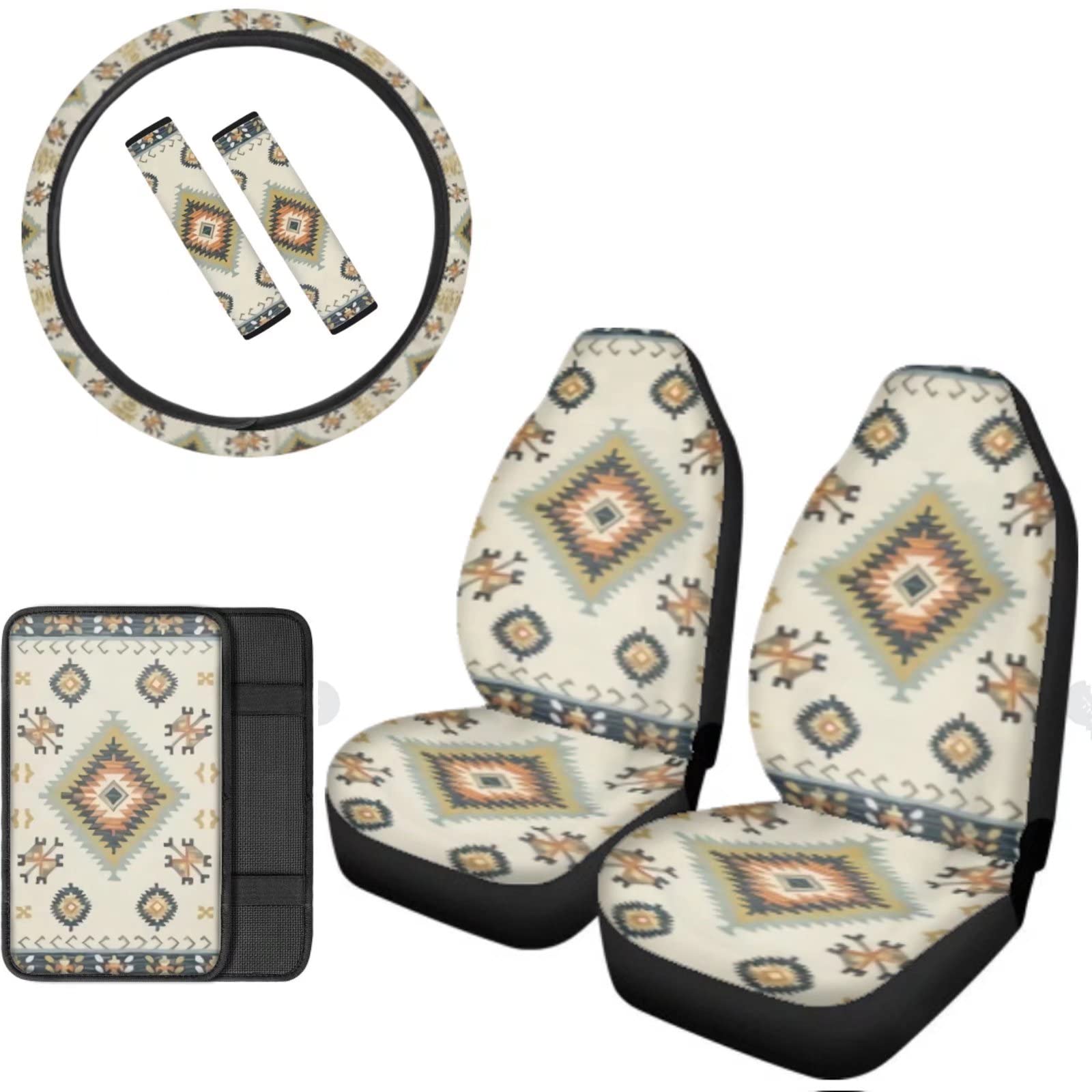 AFPANQZ 6 Packs Auto Interior Accessories Set with 2pcs Car Seat Cover + 1pc Steering Wheel Cover + 1pc Center Console Armrest Cover + 2 Piece Seat Belt Pads Retro Aztec Cushion Covers