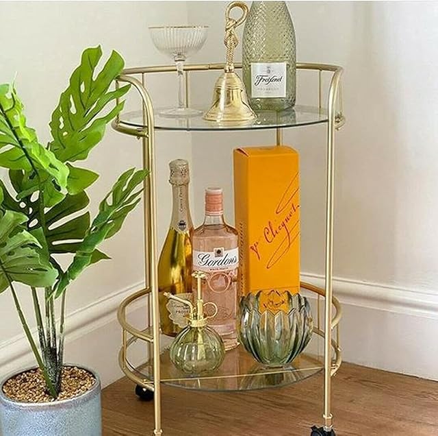 Spot on dealz® Drinks Trolley Kitchen Island Bar Cart Trolley Serving Cart With Two Glass Shelves Gold Mini Bar Table Four Plastic Castor Wheels Flat Pack Item