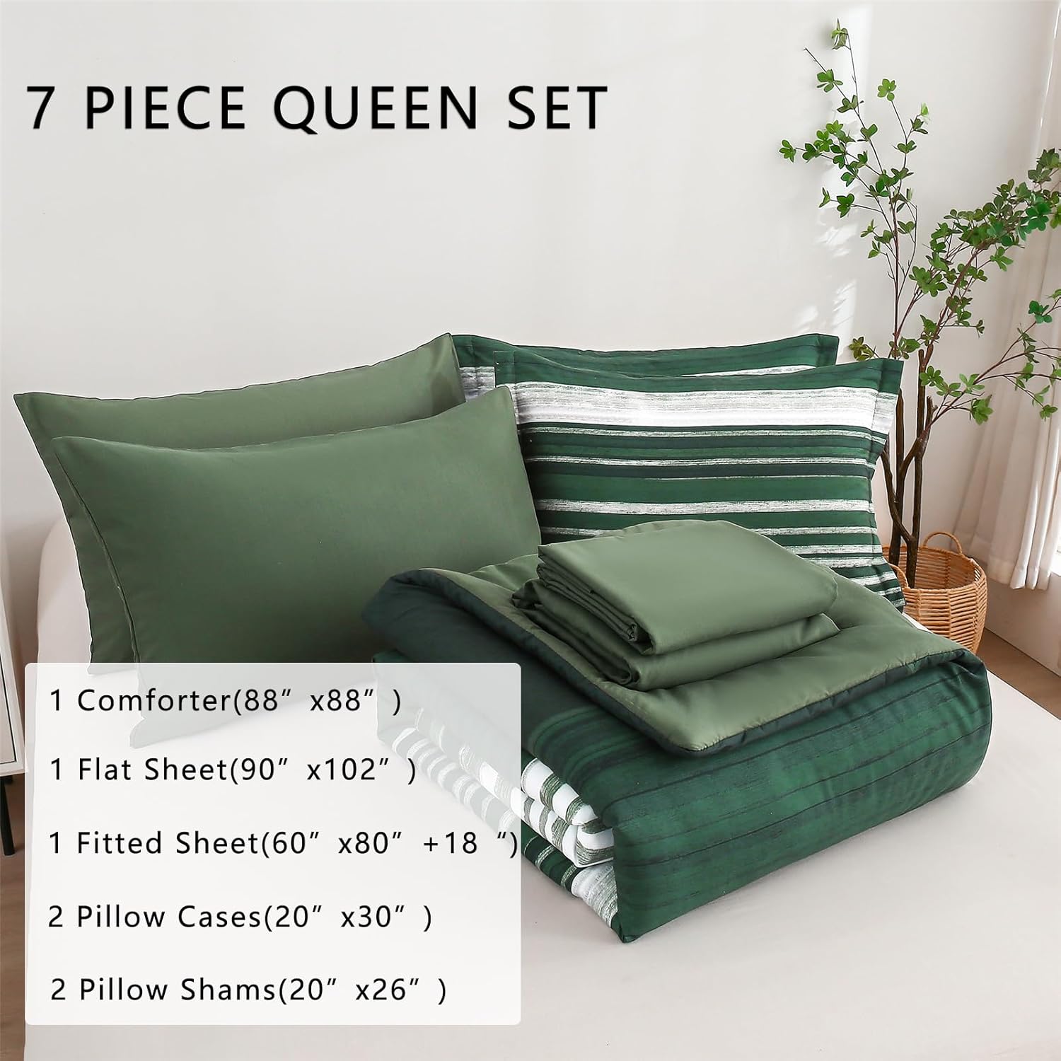 KAKIJUMN 7 Piece Bed in a Bag Stripe Comforter Set Queen Size, White Grey Green Patchwork Striped Comforter and Sheet Set, All Season Soft Microfiber Complete Bedding Sets(Dark Green,Queen)