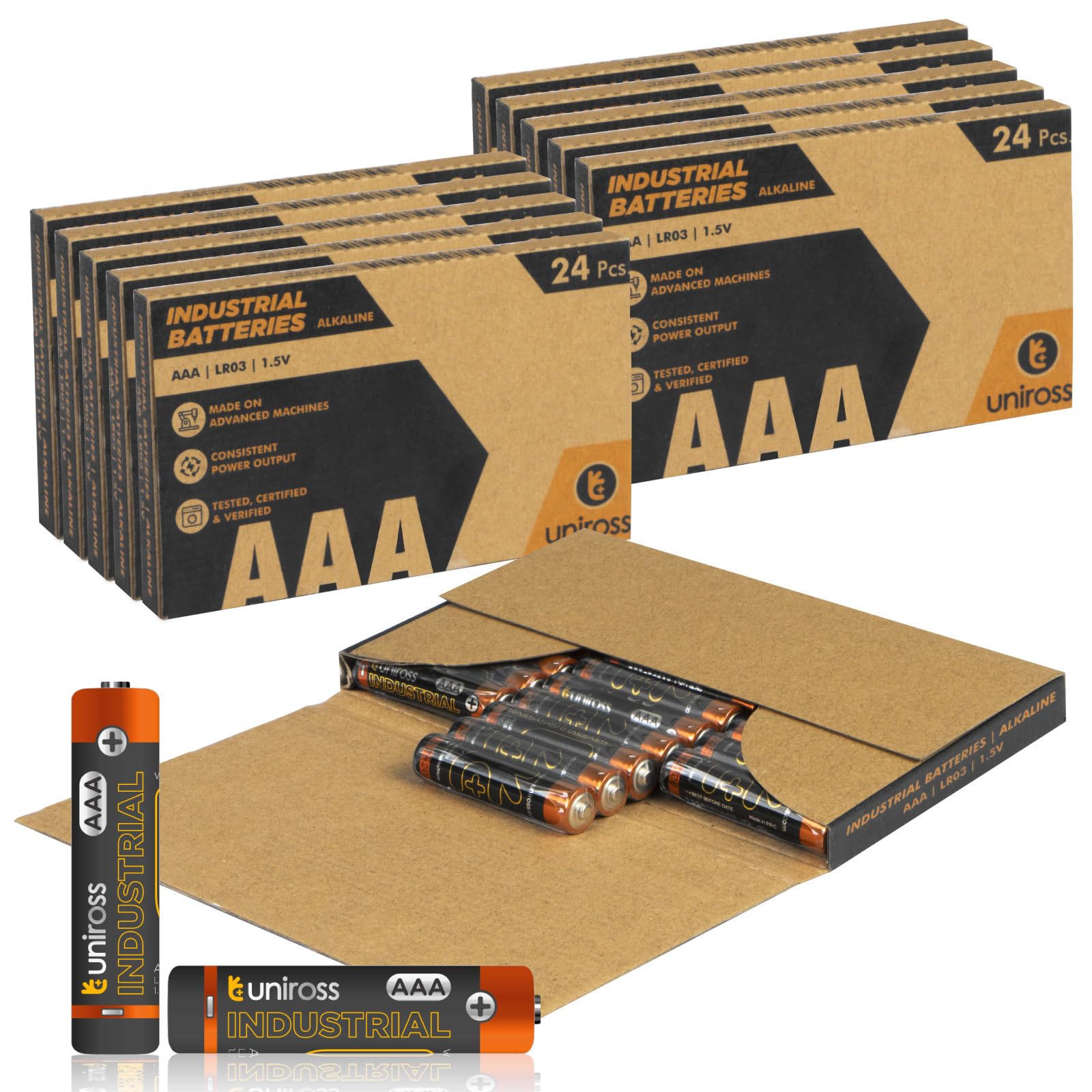 Uniross Pile Alcaline Industrial AAA / LR03 / Ministilo / 1,5V - 10 Box da 24 Batterie