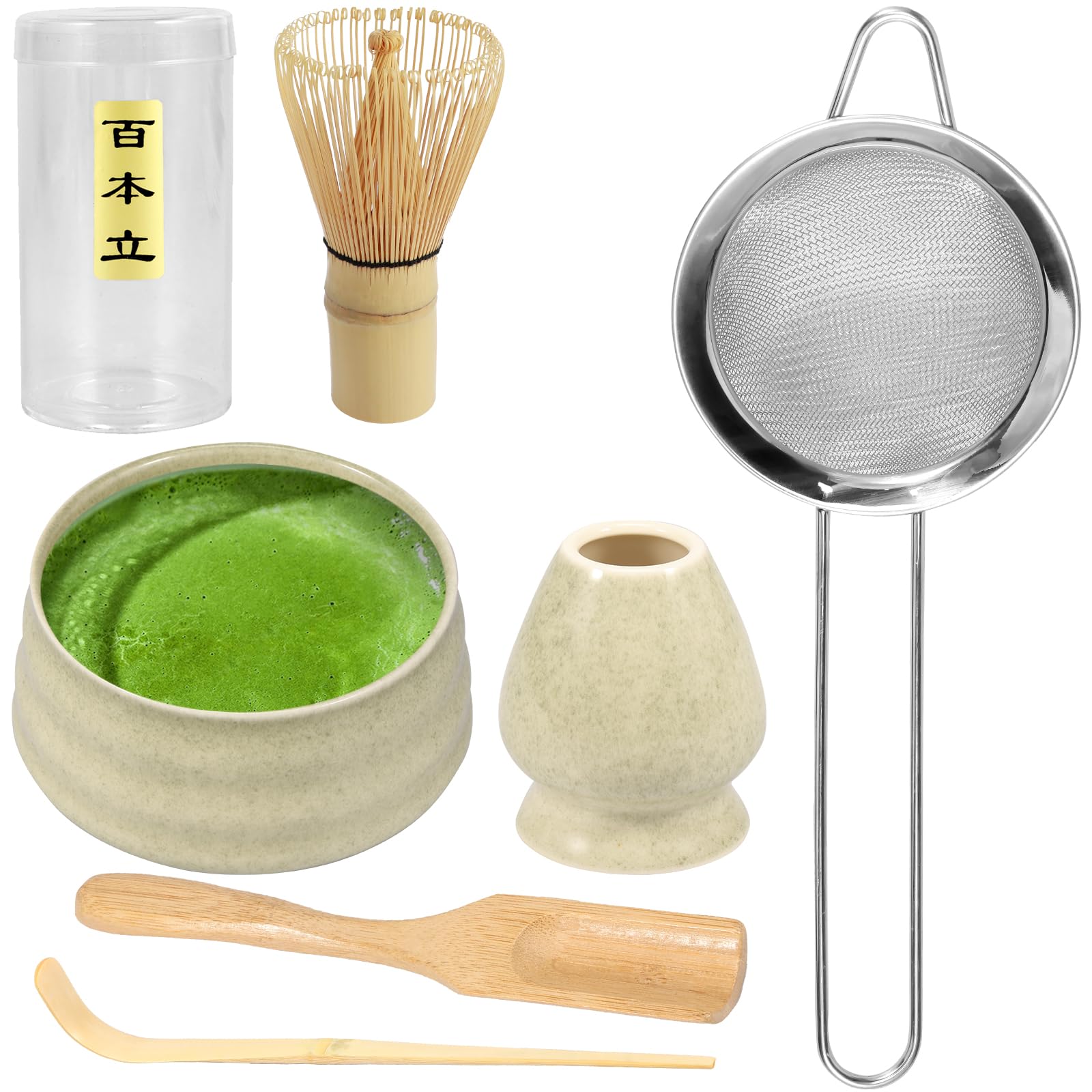 Matcha Whisk Set, 7Pcs Japanese Tea Set Includes Matcha Whisk/Matcha Whisk Holder/Matcha Powder Sifter/Ceramic Bowl/Tea Spoon, Matcha Making Set, Ceramic Matcha Kit for Tea Lovers(Green)