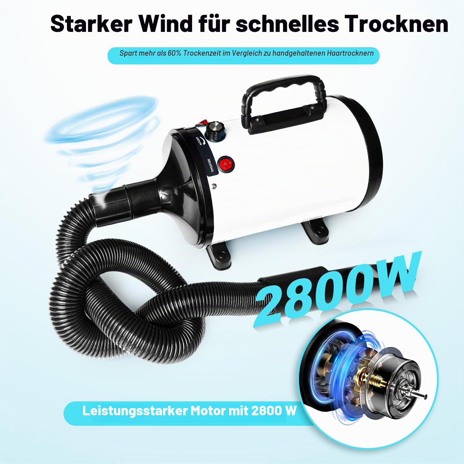 Hundefön Hundetrockner, 2800W Profi Blower hundefön, Einstellbare Geschwindigkeit und Wärme, Pet Dryer Haustier Haartrockner Hundepflege -Trockner-Gebläse mit 4 Verschiedenen Düsen (Weiß)