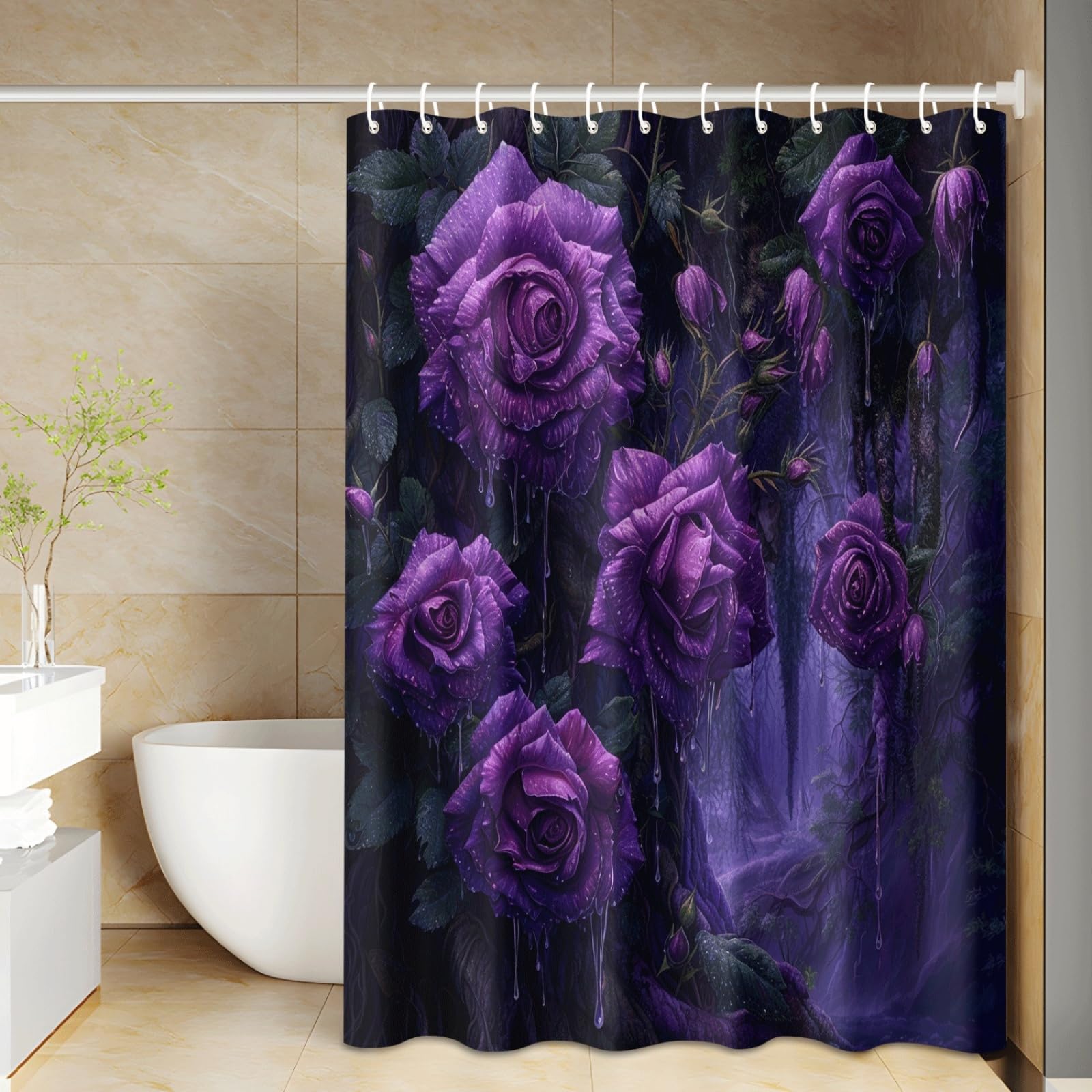 Shower Curtain Purple Plants Mould Resistant Shower Curtains for Bathroom Washable Polyester Bathroom Curtains Decor Wet Room Quick Dry Anti Mould Bath Curtain with 12 Hooks 200x240cm