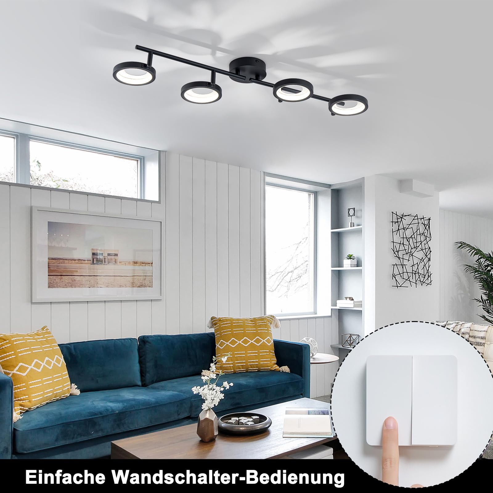 LED Deckenleuchte, Schwarz Moderne Runde Deckenlampe mit 4 Ringe, 20W 4000K | WILON Deckenbeleuchtung Innen Flur Deckenleuchte, Deckenlampen für Wohnzimmer Treppe Schlafzimmer Balkon Küche Veranda