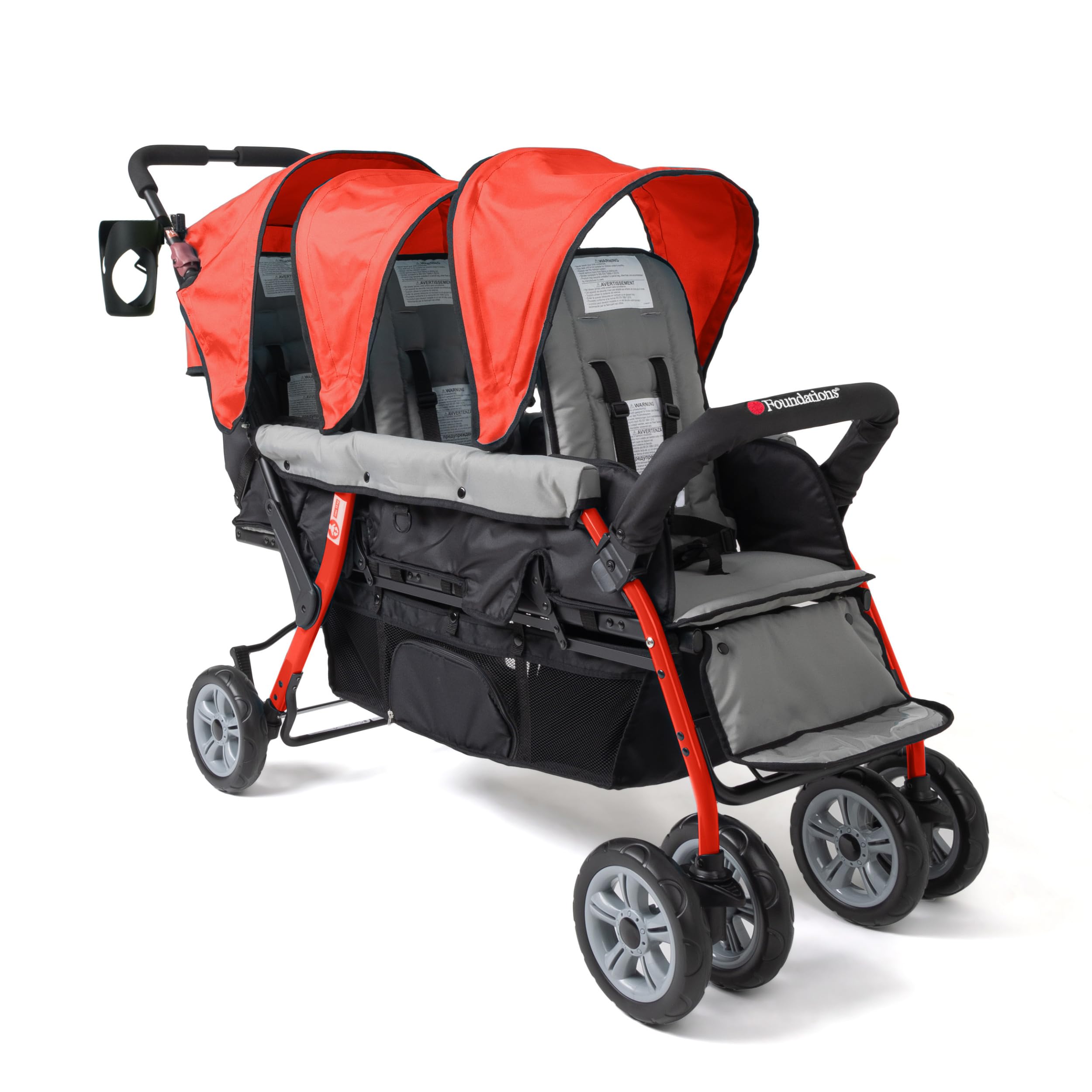 Gaggle by Foundations Compass 3 Seat Stroller | Triple Stroller for Infant and 2 Toddlers | Foot Brake | Shock-Absorbing All-Terrain Wheels | Easy Folding | Red