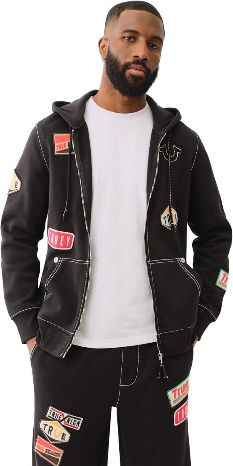 True Religion Patch Big-T Zip Hoodie - Jet Black | Full Zip Sweatshirt - Image 4