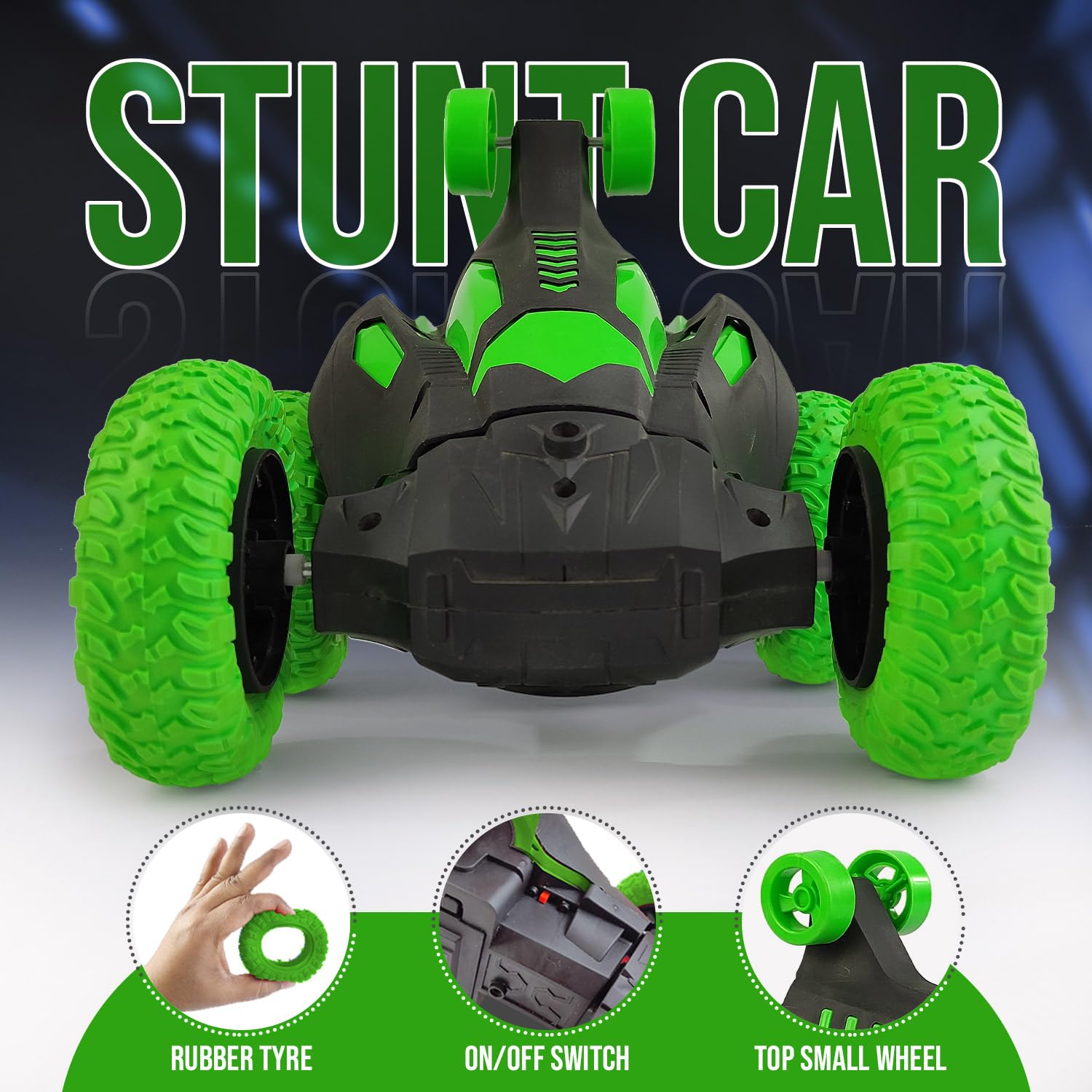NHR RC Stunt Car for Kids – 360° Rotating Remote Control Car with High-Grip Rubber Tyres, Top Small Auxiliary Wheels & USB Rechargeable Battery – Off-Road Toy Car Gift for Boys & Girls (Green/Black) 3