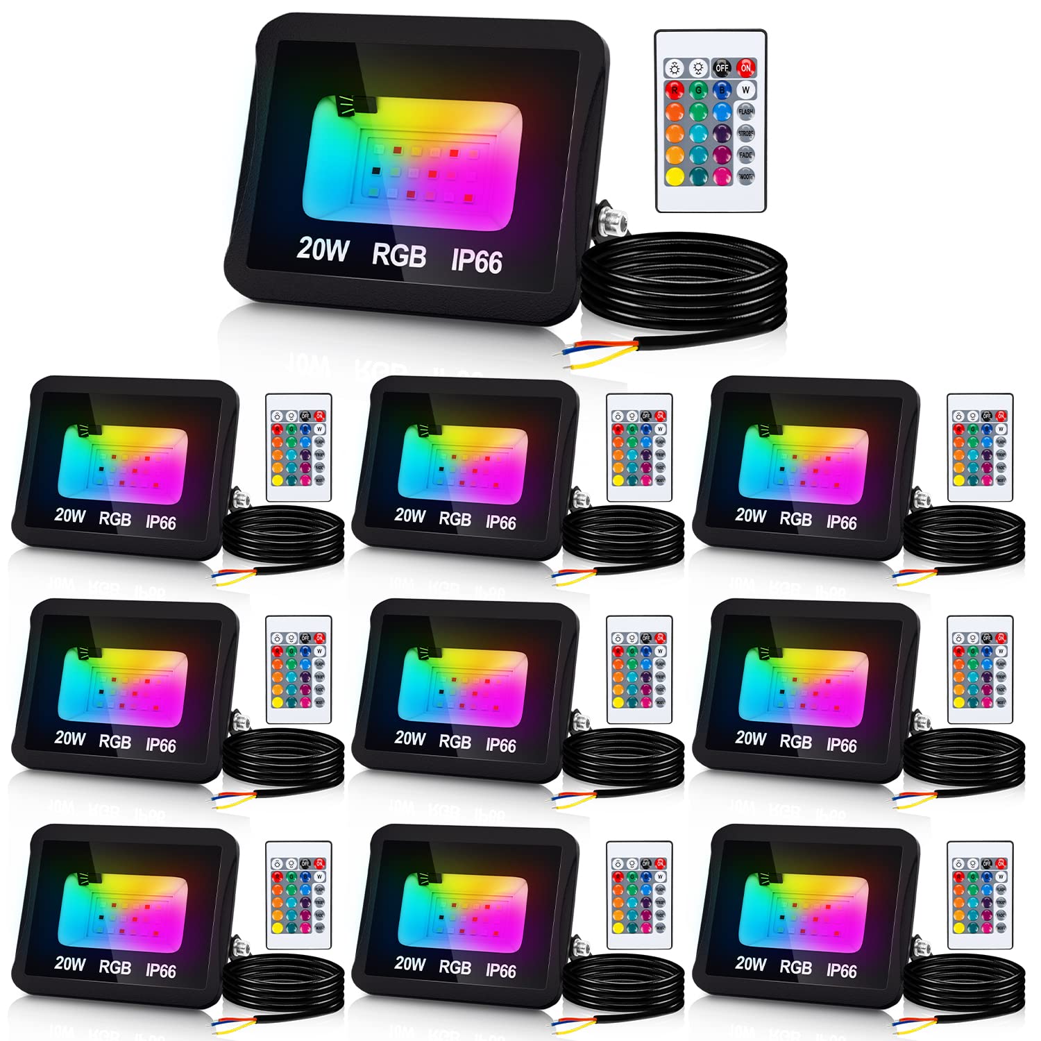 Faretto LED RGB per esterni, 10 pezzi, 20 W, con telecomando, Faretto LED RGB dimmerabile da giardino, 16 colori, 4 modalità, IP66 impermeabile, funzione memoria per feste ed esterni