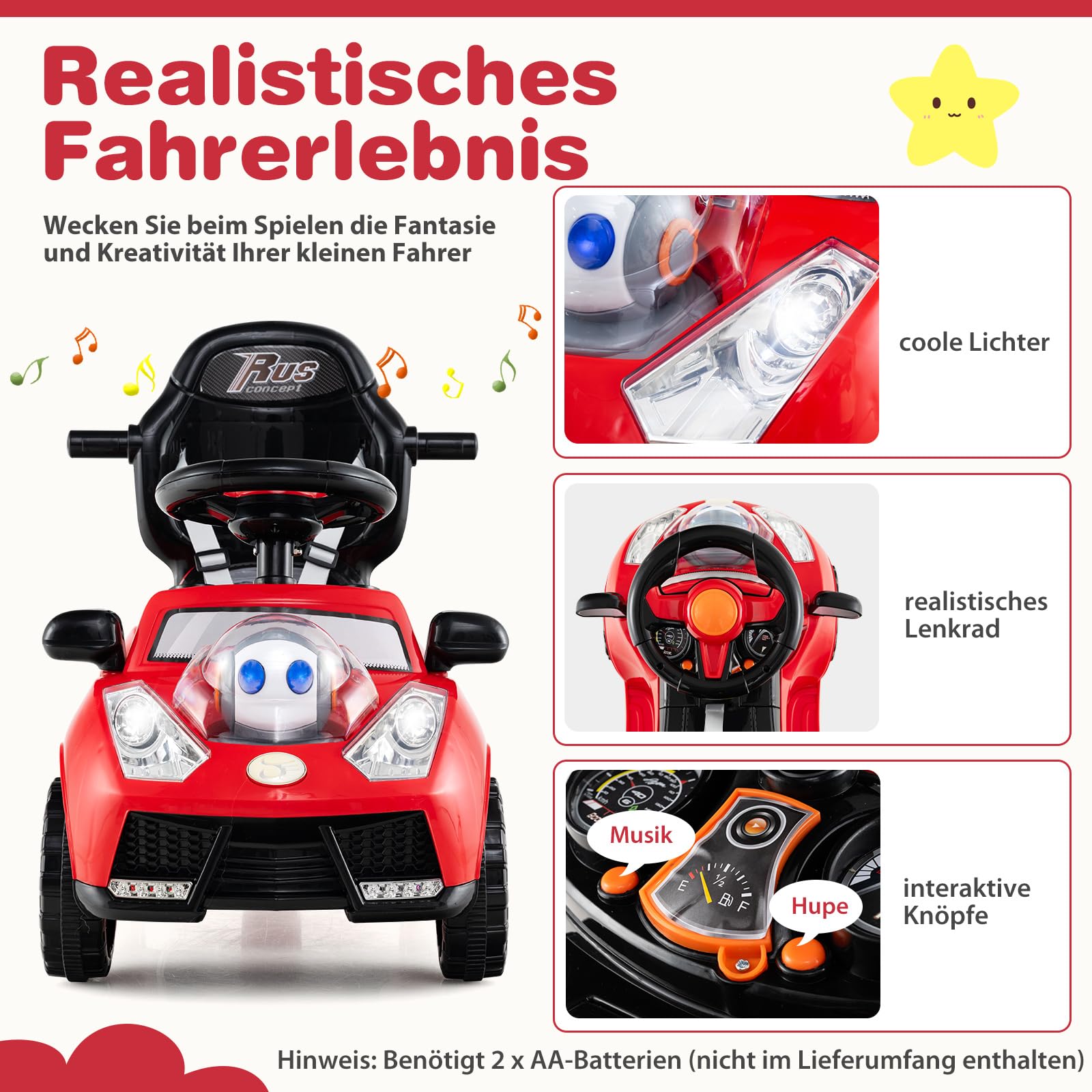 COSTWAY 3-in-1 auto met schuifstang, glijvoertuig met claxon, muziek, licht en veiligheidsgordel, schuifwagen met opbergruimte, afneembare beschermbeugel, glijbaan voor kinderen vanaf 1 jaar (wit