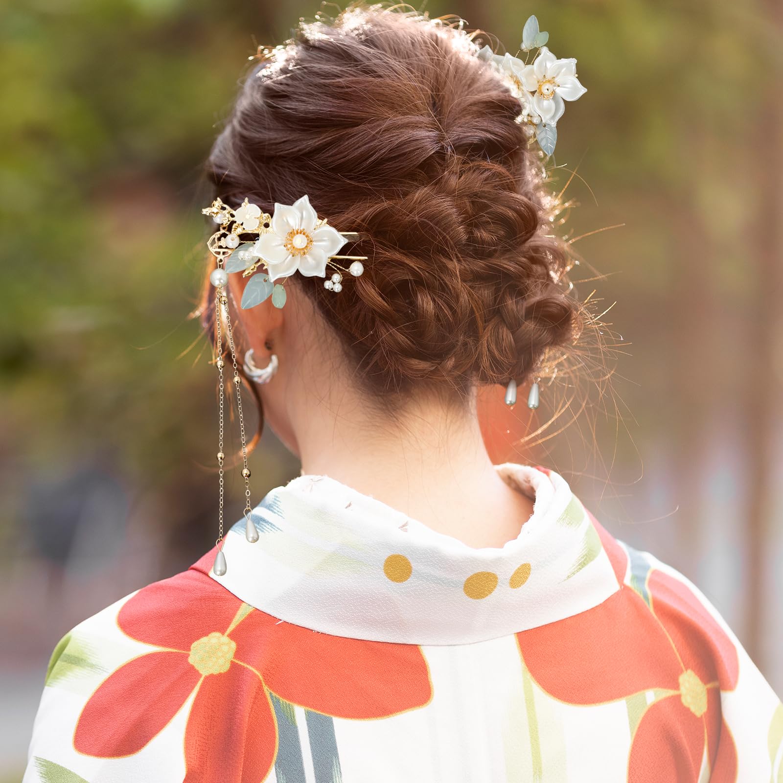 Camellia Flower Hair Pins Set | Vintage Hanfu Bridal Accessories Amazon.com : 5 Pcs Camellia Flower Tassels Hairpins Set  main image 2