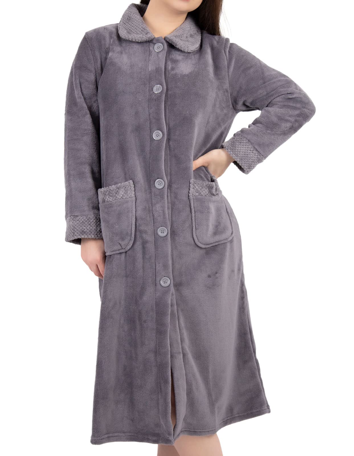 Slenderella Ladies Button Up Coral Fleece Dressing Gown Bath Robe with Waffle Detail XL (Grey)