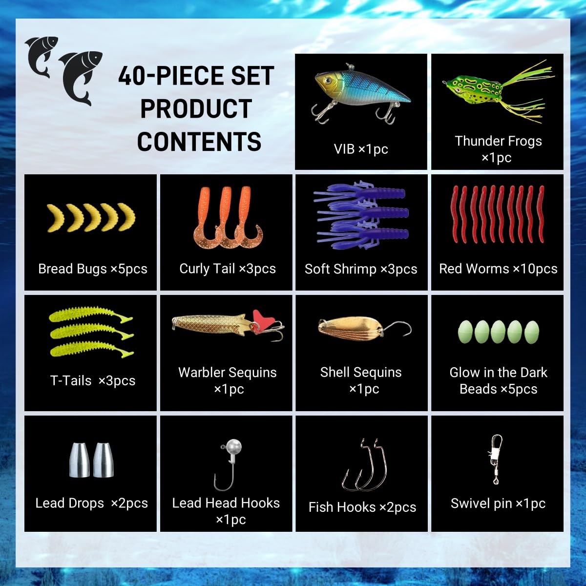 40 señuelos de pesca que incluyen crankbaits, spinnerbaits, gusanos de plástico, jigs, señuelos de superficie, caja de aparejos y más kit de señuelos de pesca, 40 piezas — view 4