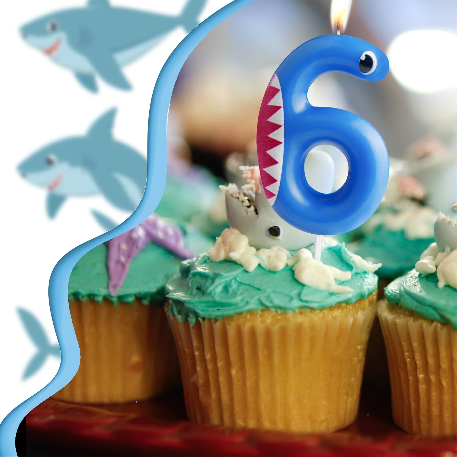 Velas de cumpleaños azules con el número 4, vela número 4, decoraciones de fiesta de tiburón para decoración de pasteles, vela de feliz cumpleaños, fiesta temática de animales del océano, tiburón,