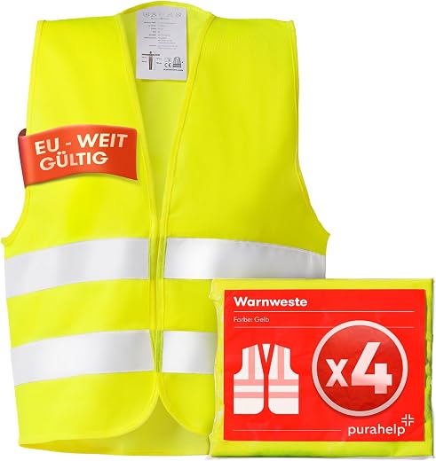 PURAHELP Warnwesten Auto 4er Set Europaweit gültig nach EN ISO 20471 – Reflektierende Warnweste Auto – Sicherheitsweste Auto Warnweste Gelb – Warnschutzweste – Sicherheitswesten…