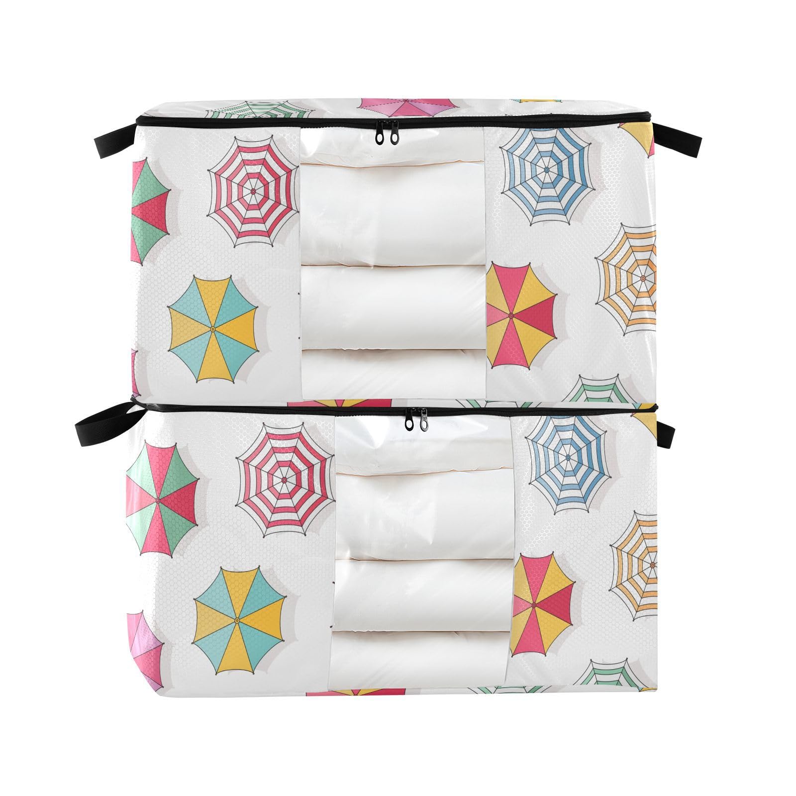susiyo 2 Pack Clothes Storage Bag Retro Style Beach Umbrella Foldable Blanket Clothing Storage Bags Storage Containers for Organizing Clothing, Comforter, Bedding, 60L Fabric Clear Window Storage Bins