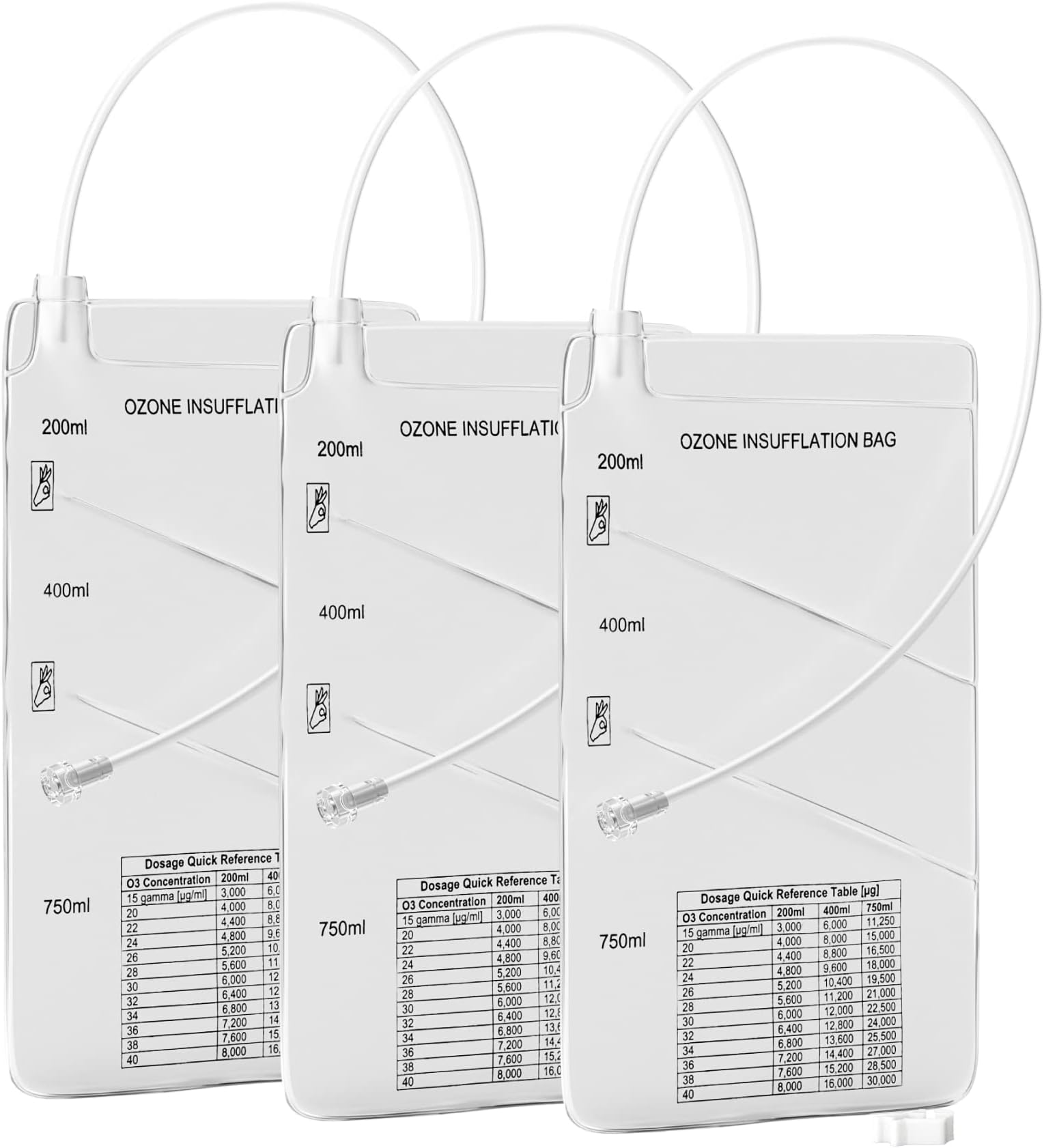3-Chambered Ozone Insufflation Bag w/Customizable Volume (200/400/750 mL) - Compatible with Ozone Generator, Silicone Catheter, or Female Luer Lock - Medical Bag for Oxygen Therapy (3-Pack)