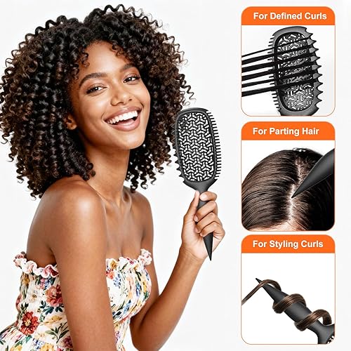 Vista 5 de Cepillo para definir rizos para cabello grueso y en bucles, cepillo de cerdas firmes TPEE para desenredar rizos gruesos 4A4C, cepillo de dientes