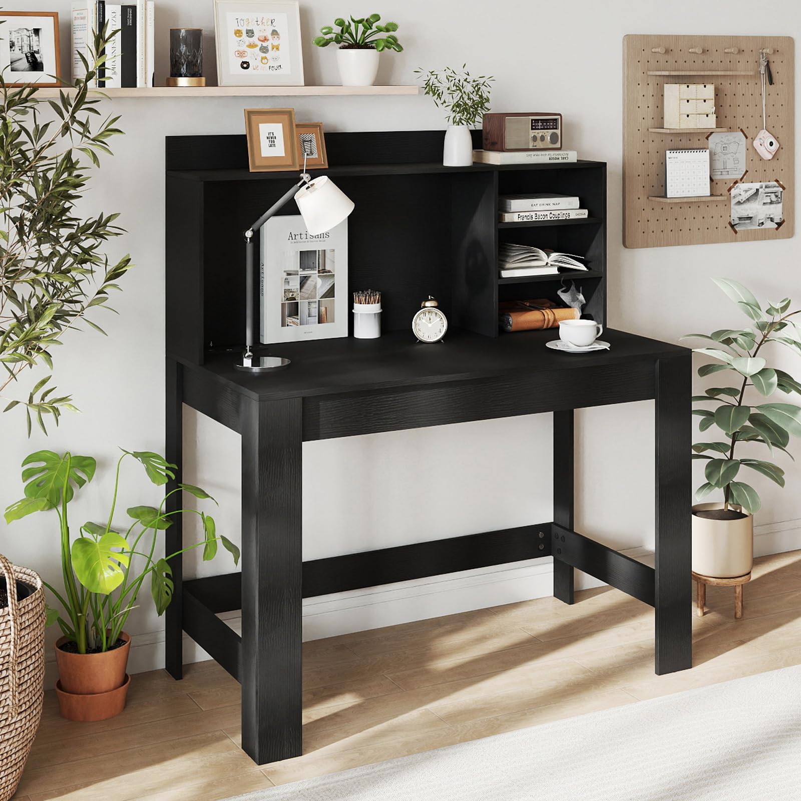 COSTWAY Escritorio con Estantería 108 x 60 x 125 cm, Mesa Escritorio con Enchufes y Agujero para Cables, Tocador Dormitorio Oficina Despacho (Negro)