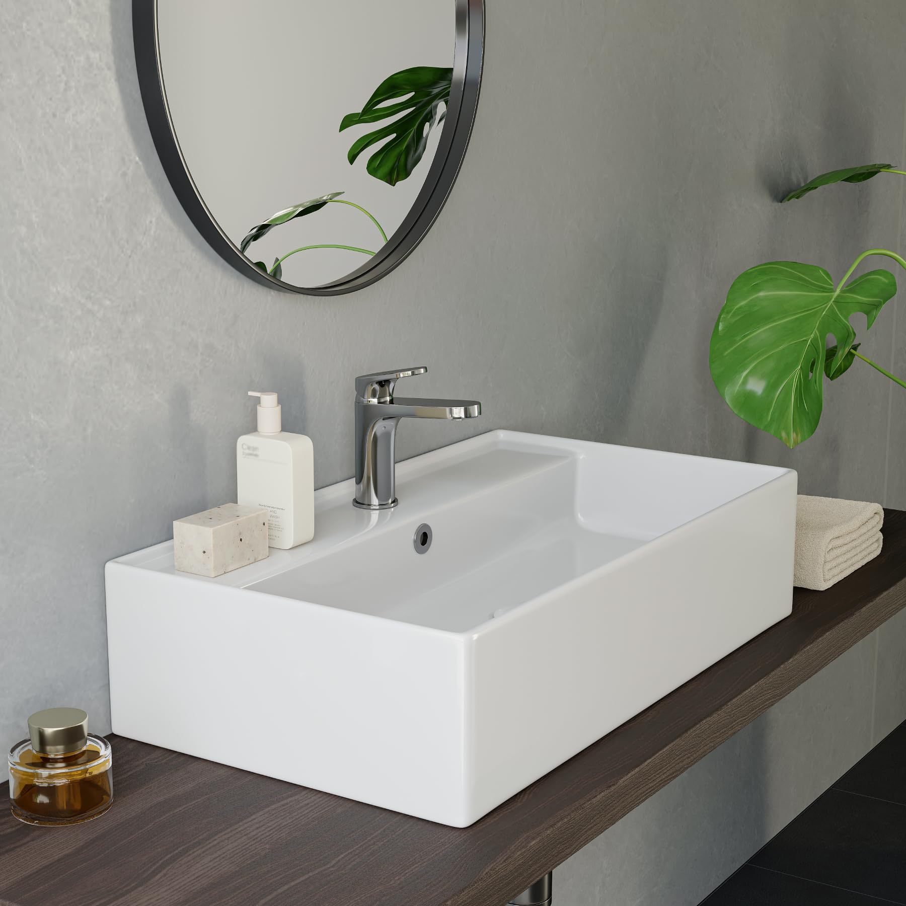 HOROW Lavabo de pared colgante con válvula de desagüe desplegable | Lavabo con diseño de borde fino, con orificio para grifo, para baño pequeño, inodoro, inodoro, lavabo, 55 cm, rectangular