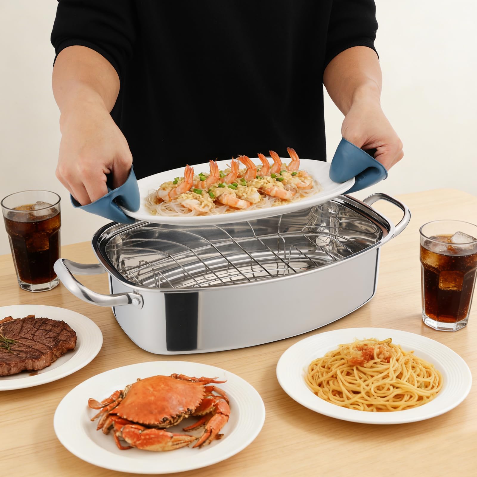 Edelstahl Dampfgarer Topf Set, Gas-, Elektro- & Induktionskochfeldern kompatibe, ovales Mehrzweck-Kochgeschirr mit Glasdeckel, Dampfeinsätze, Timer und Zange, für Fisch, Suppe & Dünsten (1 Etagen)