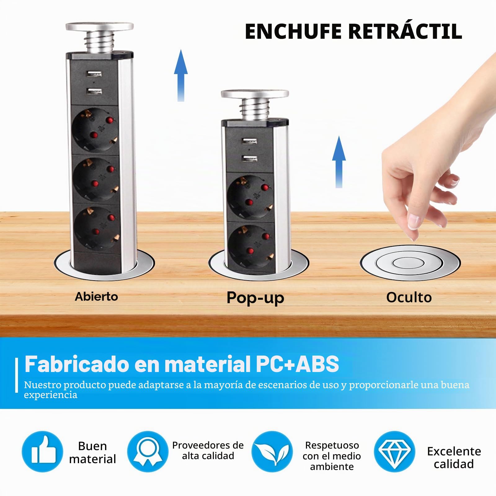 Regleta de mesa retráctil con 2 puertos USB, 3 enchufes retráctiles, 60 mm, con cable de 2 m, regleta empotrable, para encimera, oficina, cocina