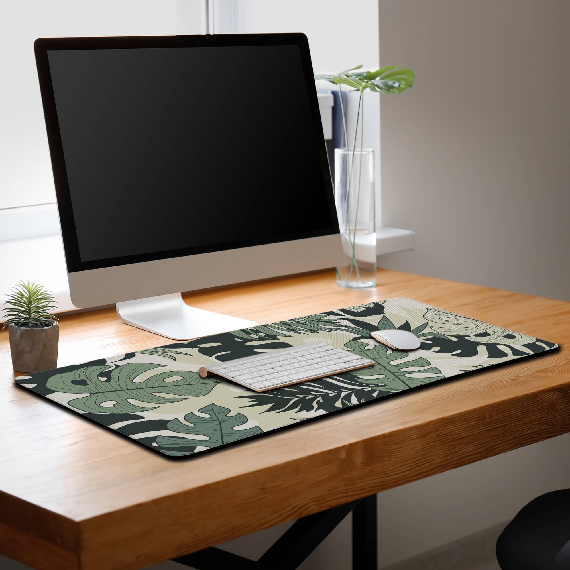 Alfombrilla de mouse grande larga para escritorio, teclado y juegos, base de goma antideslizante, impermeable, con bordes cosidos, 35.4 x 15.7 pulgadas, para oficina de juegos, hojas de